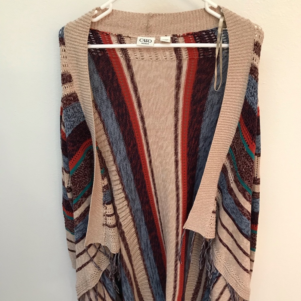 Hi/low long cardigan.  Earth tones.